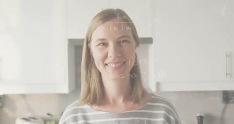Woman in Kitchen with Floating Math Equations Conceptualizing Ideas