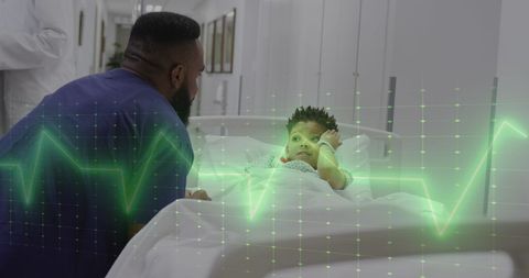 Doctor Caring for Child Patient with Digital Heart Monitor Overlay