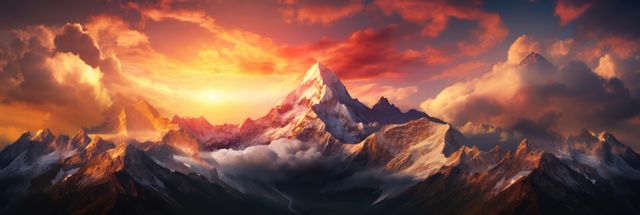 Panoramic view of a majestic mountain range with snow-capped peaks bathed in warm sunrise light, surrounded by dramatic clouds. Ideal for use in nature blogs, travel websites, scenic desktop wallpapers, inspirational posters, and adventure-related advertising.