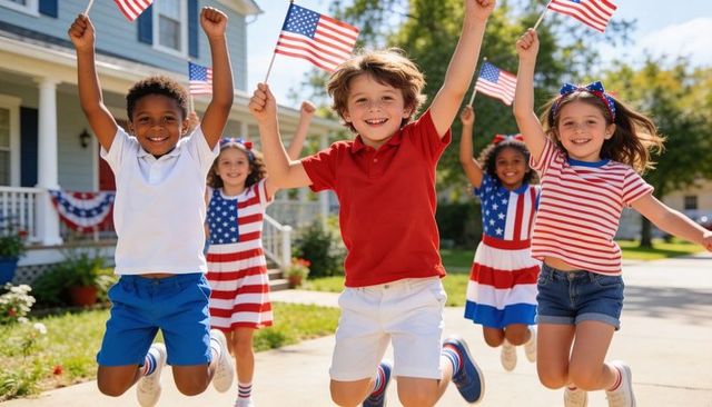 Diverse children jumping and waving american flags celebrating independence day parade
