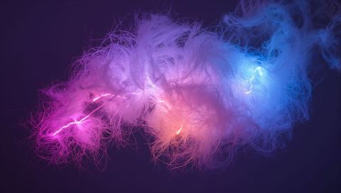 Glowing fibrous neon cloud emitting electric arcs and luminous cores in pink and blue
