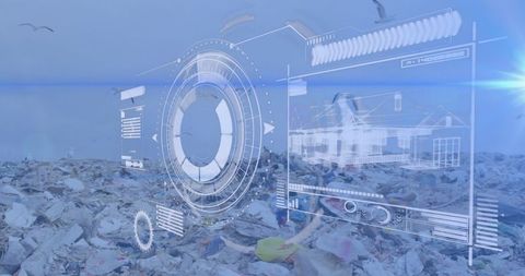 Digital interface over junkyard illustrating waste and environmental technology