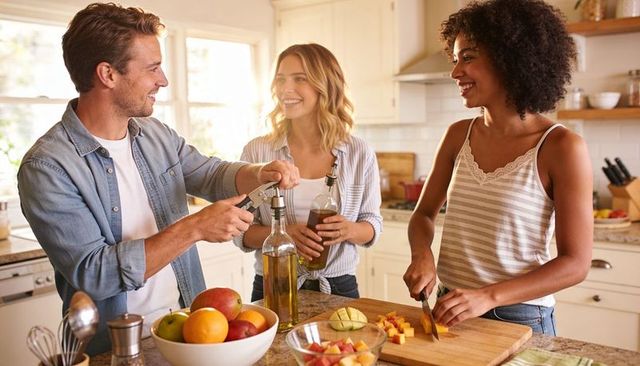 Friends preparing fruit and opening bottles in bright kitchen, chopping mango and citrus