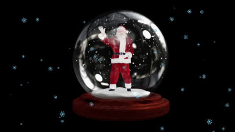 Santa Claus Waving in Snow Globe with Floating Snowflakes