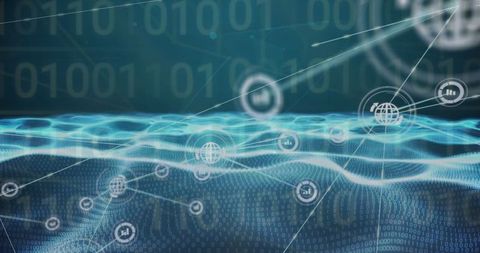 Connected data network with futuristic binary grid overlay