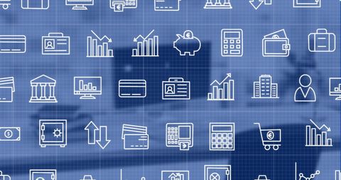 digital finance icons overlaid on office workstation background - Download Free Stock Images Pikwizard.com