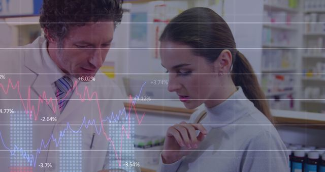 Pharmacist Consulting Customer with Stock Market Data Overlay - Download Free Stock Images Pikwizard.com