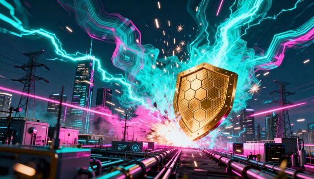 Gold hexagonal shield emitting neon turquoise and magenta energy above cyberpunk rooftop