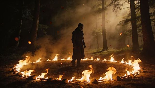 Hooded masked figure standing inside ring of fire in dark forest nightfall ritual