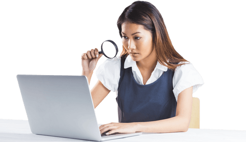 Transparent businesswoman examines laptop with magnifying glass