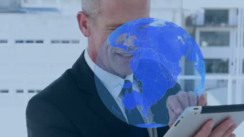 Businessman Using Tablet with Digital Globe Overlay for Global Connection