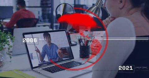 Remote collaboration timeline watching man on laptop with red world map overlay 2006–2021