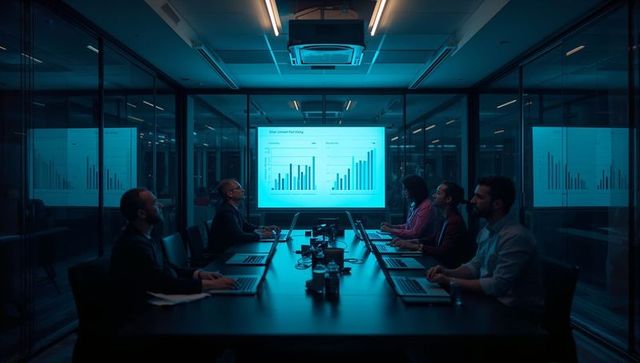 Presenting team reviewing data charts in glass boardroom with laptops and projector screen
