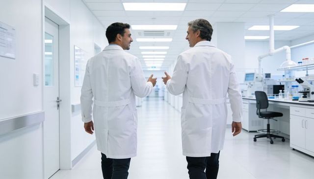 Two scientists walking and discussing research in white lab-coat corridor with microscope