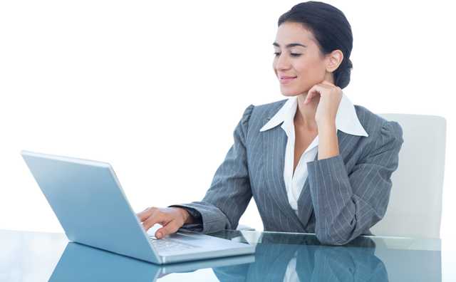 Transparent Businesswoman Using Laptop at Desk with Content Smile - Download Free Stock Videos Pikwizard.com