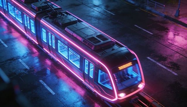 Neon-lit Futuristic Tram Gliding on Wet Night Tracks with Magenta and Cyan Reflections