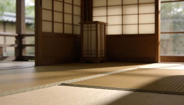 Close-up of tatami seams in japanese washitsu showing shoji screens and sunlight