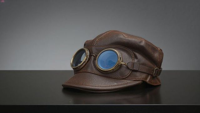 Vintage brown leather aviator cap with brass goggles on table