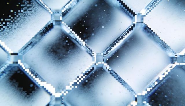 Macro frosted glass grid showing pixelated connector nodes and cool blue mosaic texture