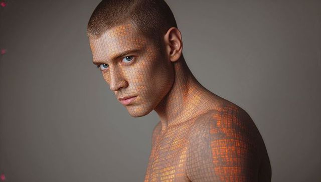 Intense Male Portrait with Orange Grid Projection Turning Head, Futuristic AI Skin Texture