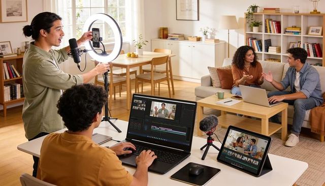 Content creators recording and editing livestream in bright home studio with ring light
