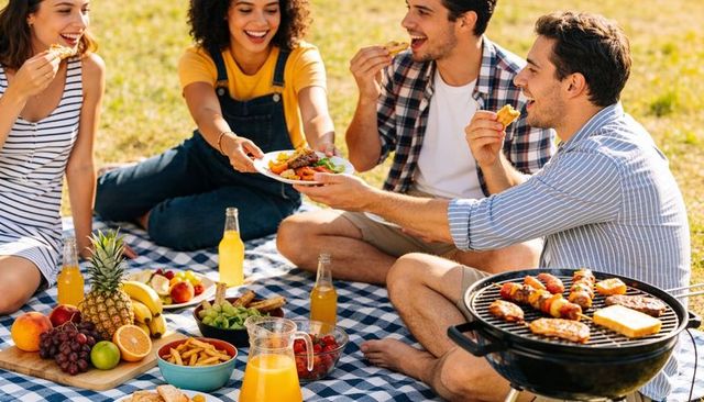 Friends enjoying sunny park picnic and backyard barbecue, sharing food, drinks and laughing