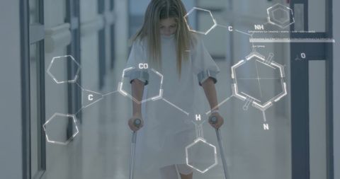 Young Patient with Crutches and Chemical Structures in Hospital