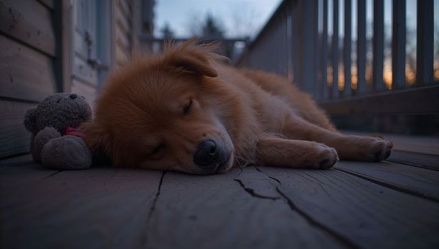 Fluffy golden dog resting on wooden porch at dusk with teddy bear companion