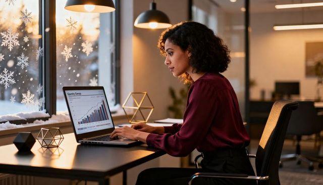 Businesswoman analyzing quarterly earnings on laptop in office by snowy window at sunset