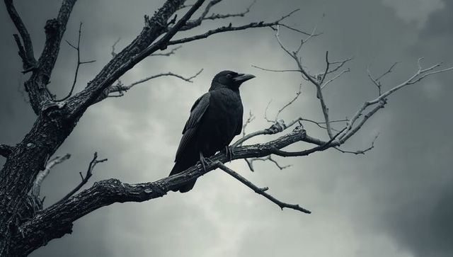 Solitary Crow Perched on Leafless Branch against Dramatic Gray Sky
