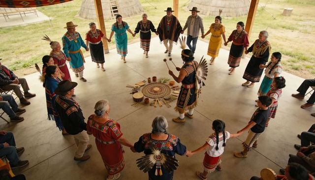 Indigenous multigenerational circle dance with drums and feather regalia under pavilion