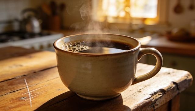 Steaming rustic ceramic coffee mug on weathered wooden table with warm morning light