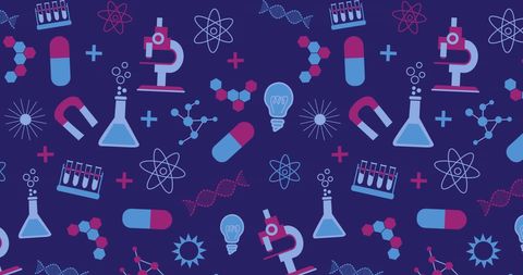 Colorful science illustrations on dark background seamless pattern
