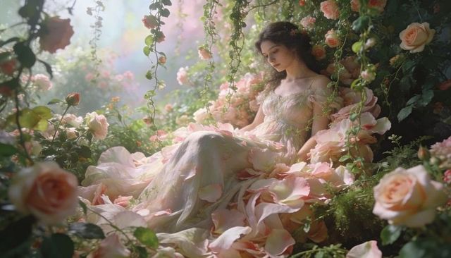 Reclining woman wearing flowing floral gown amid pastel rose garden, ethereal dreamy scene