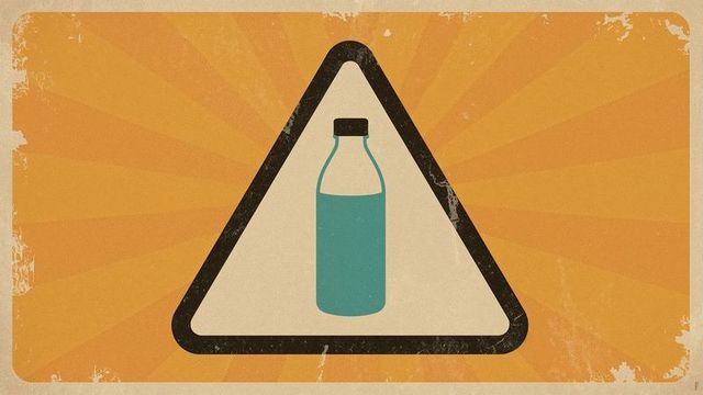 Retro Warning Sign with Teal Bottle Illustration