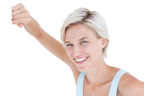 Smiling Woman with Raised Arm on Transparent Background