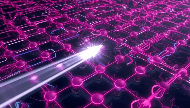 Traveling white arrow streaking across neon magenta node grid with cyan circuitry glow