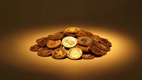 Moving camera drawing closer to pile of gold cryptocurrency tokens under warm spotlight
