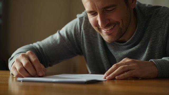 Smiling man journaling at wooden table with left-hand wedding ring, cozy warm closeup