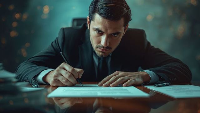 Serious businessman signing documents in modern office