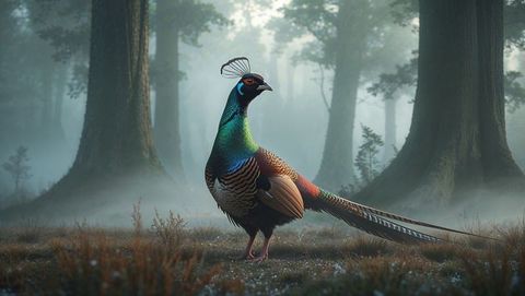 Majestic male pheasant animal in misty forest clearing