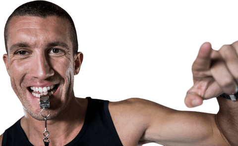 Close-up of athletic trainer blowing whistle on transparent background