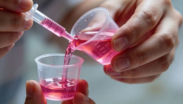Hands pouring pink medication between graduated cups with syringe for accurate dosage