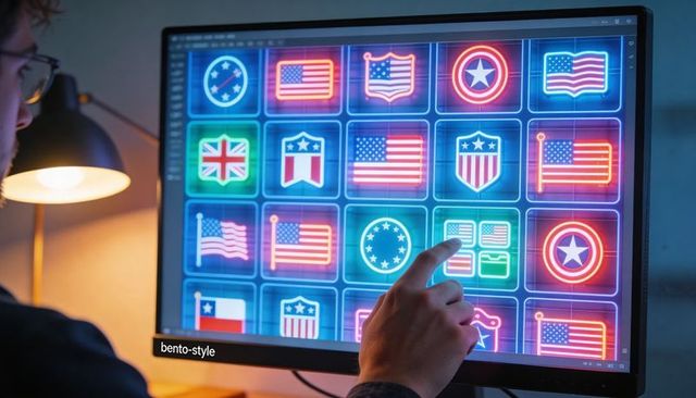 Pointing at neon flag icon grid on desktop monitor bento-style emblems and UI