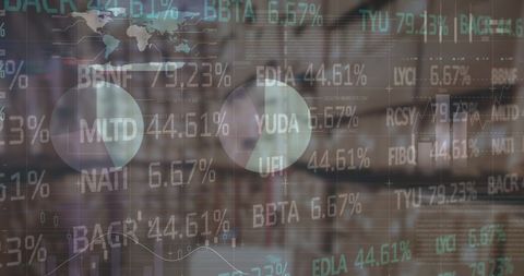 Visual representation of digital financial stock market data superimposed on image of an empty warehouse interior symbolizes global commerce and logistics. Useful for exploring topics like international trade, financial technology advancements, and global supply chains. Ideal for articles, presentations, and educational materials related to economy, stock trading, and digital logistics.