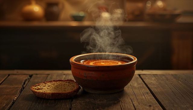 Steaming bowl of soup on rustic wooden table in cozy kitchen atmosphere