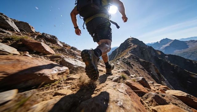 Trail runner climbing rocky alpine ridge kicking up dust with backpack and trail shoes