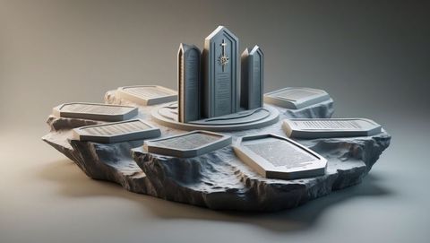 Mystical monuments on floatation rock platform with engravings