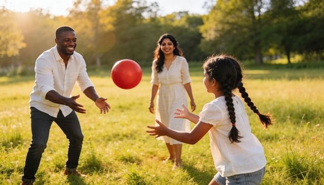 Family playing with red ball in sunlit meadow, parents and daughter enjoying summer outdoors