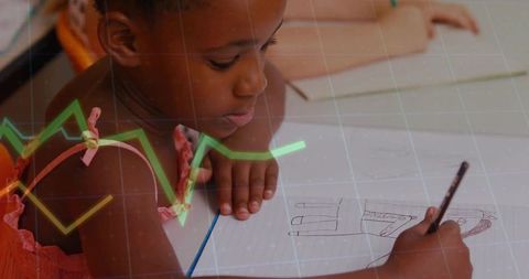 Young Black girl concentrating deep drawing at classroom desk with neon data graph overlay